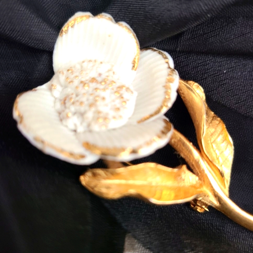 Rare Vintage Gold Tone And Porcelain Flowered Brooch, Signed